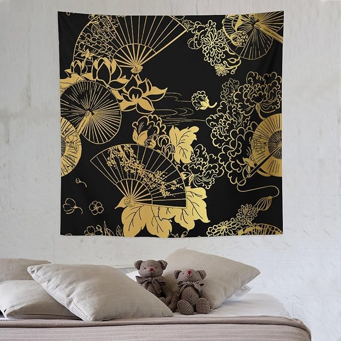 HZOHNAGO Japanese Tapestry Gold Flowers Umbrella Fan Pattern Printed Wall Tapestry Painting Wall Hanging for Bedroom Living Room Dorm 60" W x 60" H