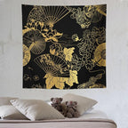 HZOHNAGO Japanese Tapestry Gold Flowers Umbrella Fan Pattern Printed Wall Tapestry Painting Wall Hanging for Bedroom Living Room Dorm 60" W x 60" H
