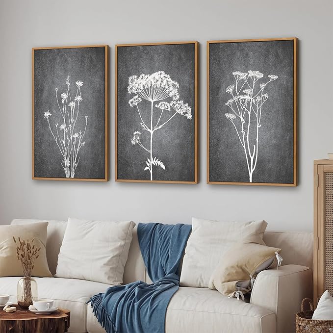 Tinonedraw Black and White Botanical Framed Canvas Wall Art Set, Vintage Floral Wall Decor, Dark Academia Minimalist Plant Art Paintings, Abstract Wildflower Art Print for Living Room Bedroom 16"x24"x3