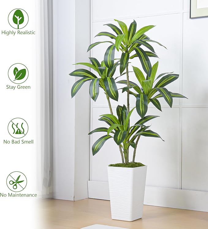 Artificial Dracaena Tree Artificial Silk Tree Faux Tree Fake Tropical Yucca Floor Plant with White Tall Planter (1, White Tall Planter, 5FT)