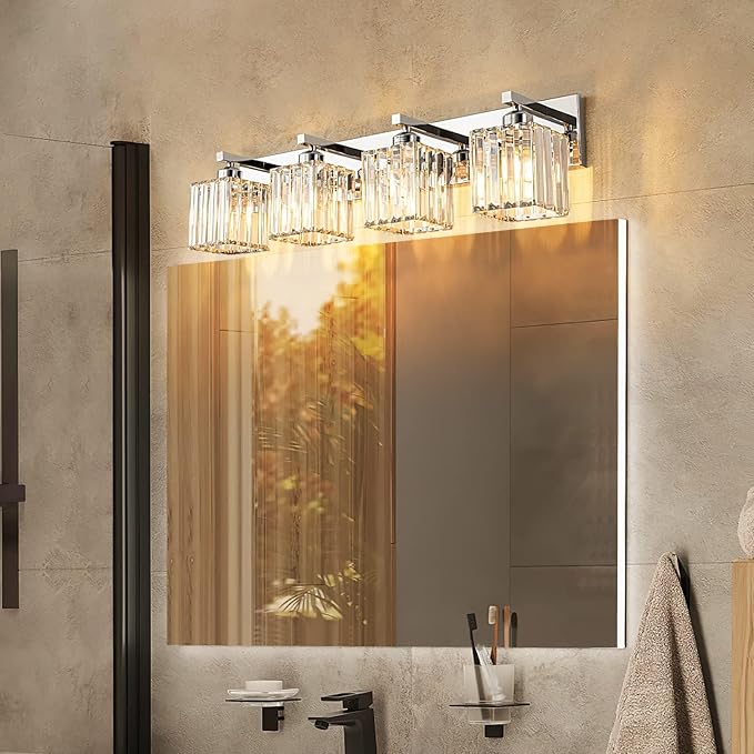 Modern 4-Light Chrome Crystal Bathroom Vanity Light Fixtures