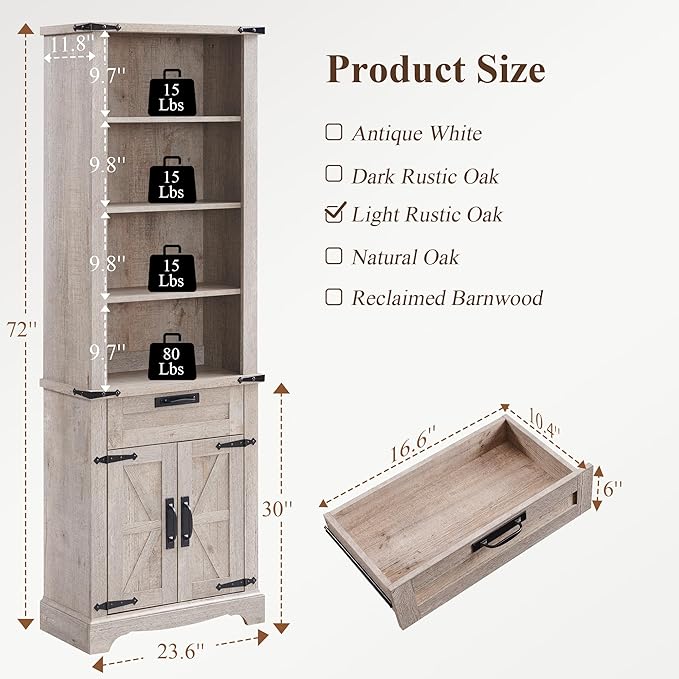 RedLemon Bookshelf with Storage Cabinet, 72" Tall Farmhouse Bookcase with Adjustable Shelves and Barn Door, 4 Tier Office Wood Bookshelf with Drawer for Office Library Living Room (Light Rustic Oak)