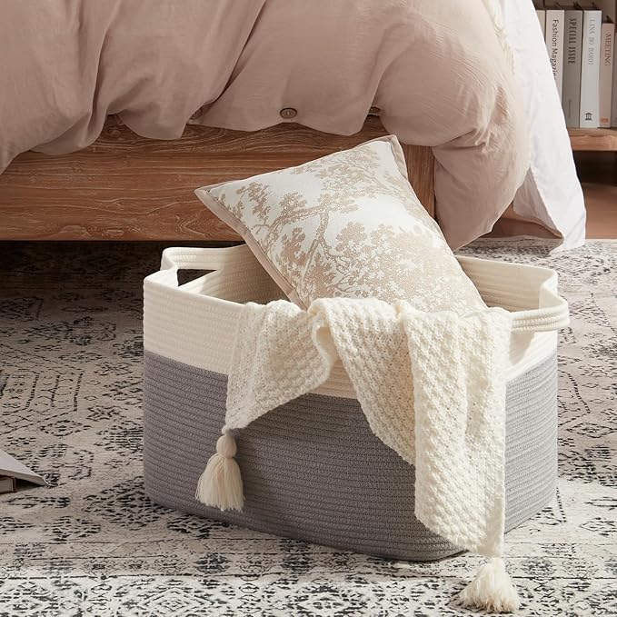 OIAHOMY 65L Blanket Basket, Cotton Rope Woven Blanket storage for Living Room, Rectangle Woven Baskets for Storage, 20''×16''×12'', Grey and White