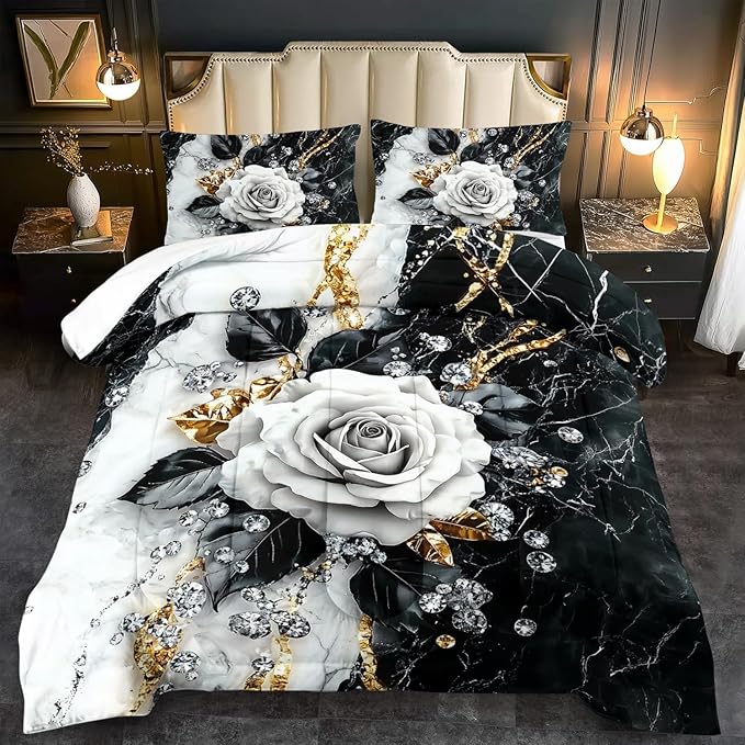 Marble Floral Comforter Set for King Bed Women,Vintage Flower Bedding Set King,White and Black Comforter Rose Quilt for Girls,Rose Bedding Floral Bedroom Decor Adults