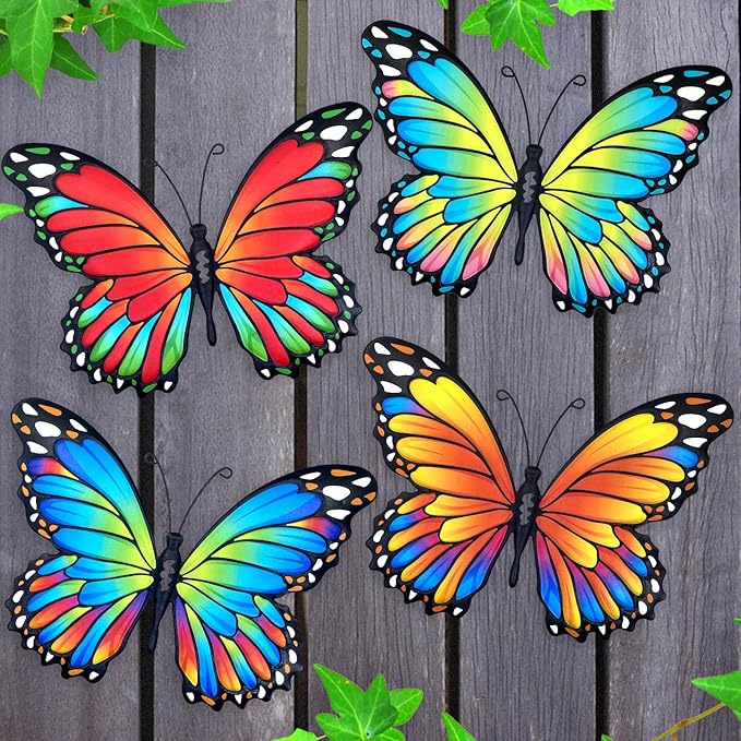 Oraytteo Metal Butterfly Outdoor Wall Decor - 4 Pack 9.8in Metal Butterflies Fence Art Decoration, Indoor Outdoor Patio Backyard Garden Decorations, Gift for Mom Dad Friends
