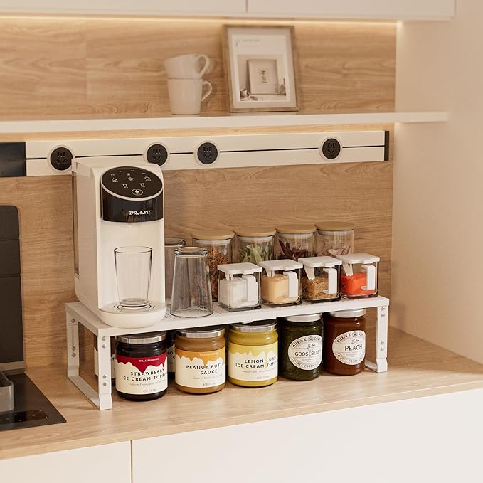 Expandable Spice Rack,Stackable Storage for Cabinet, Multi-Functional Kitchen Shelving,Height-Adjustable,Sustainable Organizer Solution(2Packs/White/Medium)
