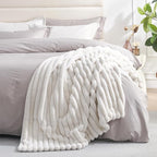 Amélie Home Faux Fur Throw Blanket for Couch, Cozy Fuzzy Fluffy Fur Luxurious Soft Striped Plush Gift Blankets for Family Sofa Chair Bed Living Room Bedroom, 60"x80", Ivory