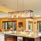 XINGQI Farmhouse Dining Room Chandeliers, Rectangle Vintage Hanging Lighting Fixtures, 4-Light Kitchen Island Lighting, Rustic Metal Chandelier Pendant Light, Antique Wood Grain XY082