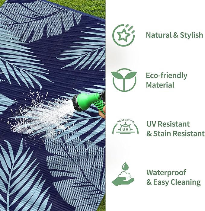 GENIMO Outdoor Rug 8' x 10' Waterproof for Patios Clearance, Reversible Outdoor Plastic Straw Camping Rug Carpet, Large Area Rugs Mats for RV, Camper, Deck, Balcony, Porch, Beach, Navy Blue&Baby Blue