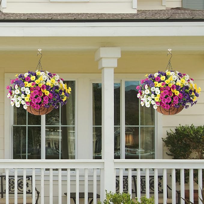 Artificial Faux Hanging Plants Flowers Basket for Spring Summer Outdoors Decoration, Fake Silk Colorful Morning Glory with Eucalyptus Look Real UV Resistant for Outside Porch Patio Balcony Garden Home