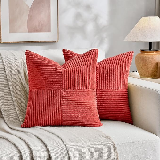 Fancy Homi 2 Packs Red Big Decorative Throw Pillow Covers 24x24 Inch for Couch Bed Sofa, Holiday Christmas Home Decor Gift, Soft Corss Corduroy Patchwork Accent Square Cushion Case 60x60 cm