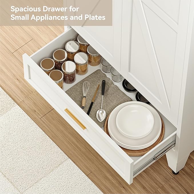 71 "Farmhouse Metal Filing Cabinet with a Drawer and 4 Adjustable Shelves, with 2 Large barn Door White Kitchen Cabinets, Metal Food Cabinets for Home, Kitchen, Dining/Living Room (White)