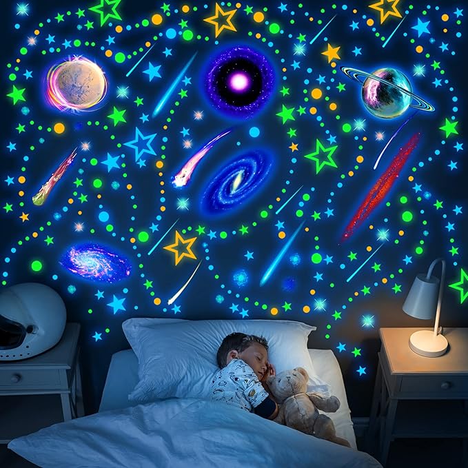 Spakon 495 Pcs Glow in The Dark Moons and Stars Wall Decals for Ceiling,Glowing Planets Wall Stickers Removable Galaxy Solar System Space Decal Nursery Stickers for Kids Bedroom Living Room Decor