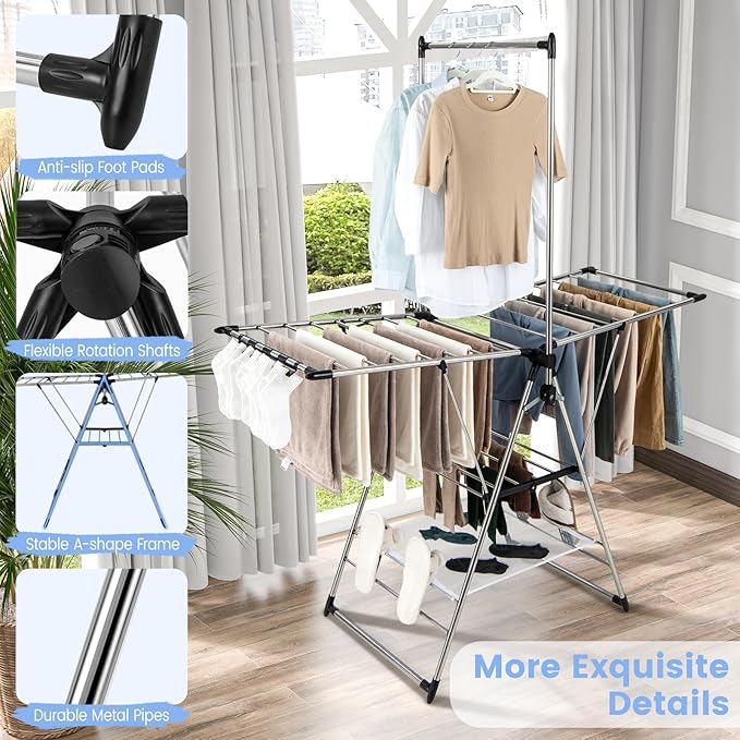 Giantex Clothes Drying Rack, Foldable Laundry Drying Rack with with 6-Level Adjustable Height, High Hanger Design, Side Clips, Space Saving Collapsible Laundry Drying Rack