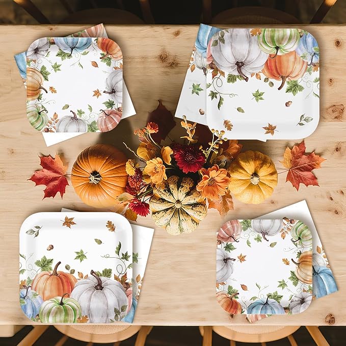 Grencian 200Pcs Fall Plates and Napkins Square Autumn Pumpkin Plates Thanksgiving Paper Platter Tableware Sets for Thanksgiving Harvest Party Decorations, Serves 50