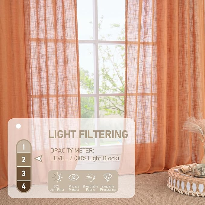 LAMIT Linen Curtians for Living Room 72 Inch Length, Bronze Grommet Light Filtering Semi Sheer Neutral Lightweight Rustic Farmhouse Boho Drapes for Bedroom, 2 Panels, Burnt Orange, 52 x 72 Inch