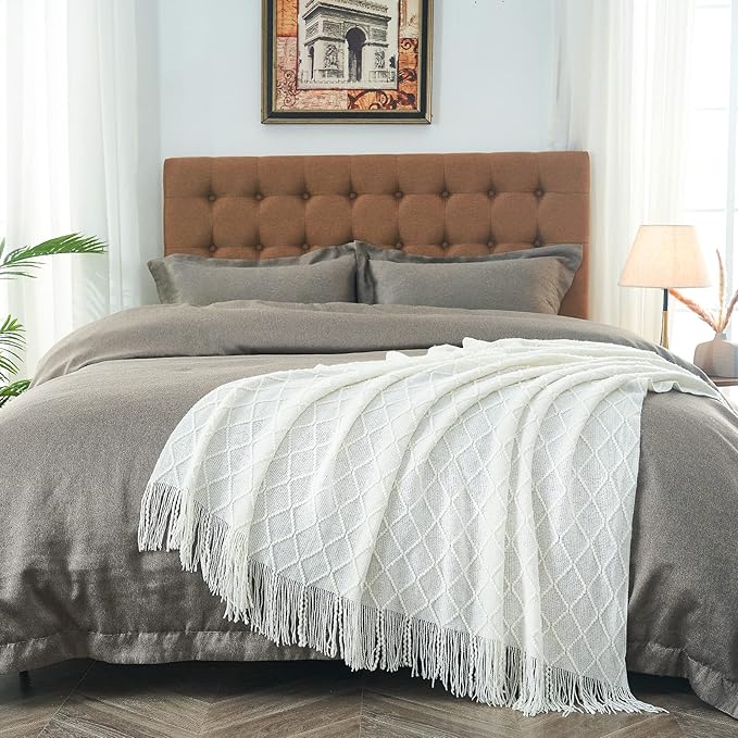 inhand Knitted Throw Blankets for Couch and Bed, Soft Cozy Knit Blanket with Tassel, Off White Lightweight Decorative Blankets and Throws, Farmhouse Warm Woven Blanket for Men and Women, 60"x80"