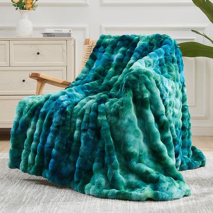 NEWCOSPLAY Faux Fur Throw Blanket Tie-dye Dark Teal Luxury Fluffy Thick Warm Bubble Blanket for Couch Sofa Bed 700GSM (Tie-dye Dark Teal, Throw(50"x60"))