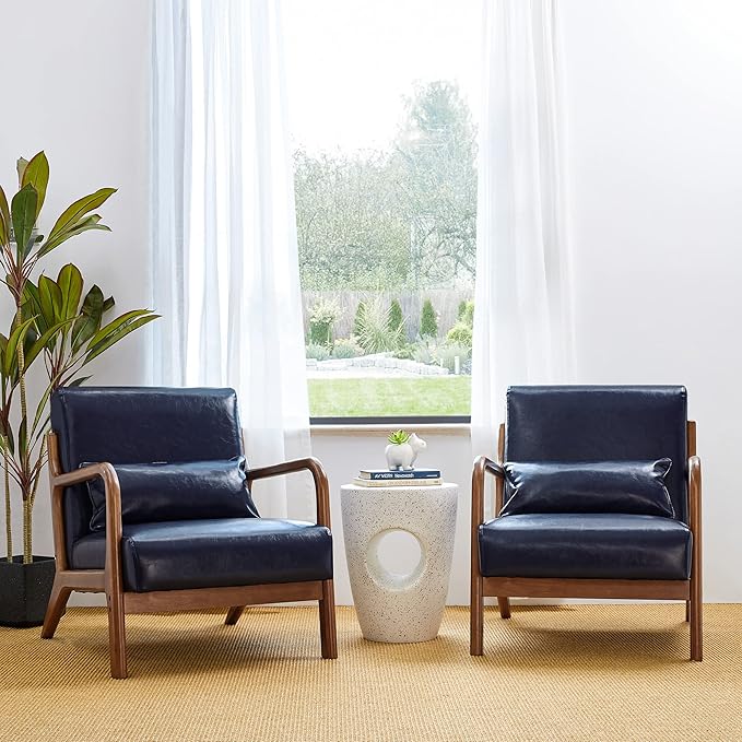 Glitzhome 2 Set Mid Century Navy Blue Accent Armchair, Single Reading Armchair PU Leather Lounge Chair with Walnut Ruberwood Frame