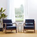 Glitzhome 2 Set Mid Century Navy Blue Accent Armchair, Single Reading Armchair PU Leather Lounge Chair with Walnut Ruberwood Frame
