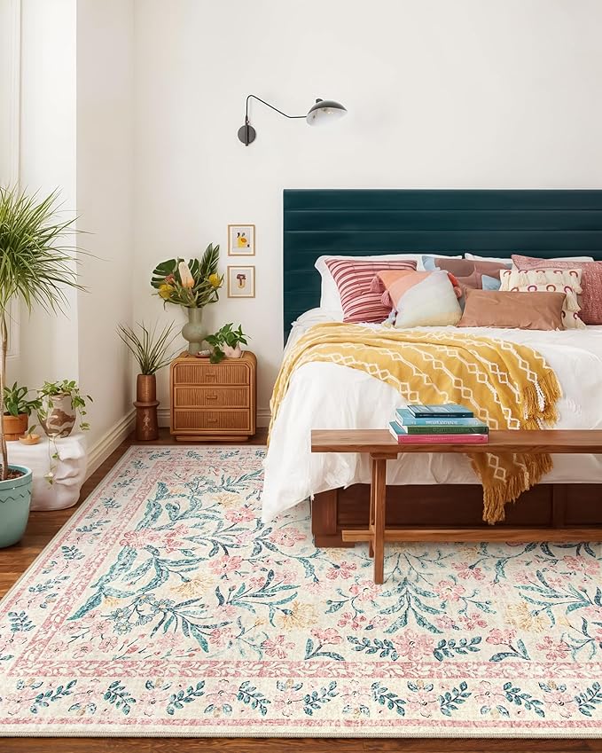 Wonnitar 8 x 10 Area Rugs for Living Room, Boho Large Washable Bedroom Rug 8x10, Soft Pink Floral Carpet Non Slip, Low Pile Indoor Carpet for Girls Room Playroom Nursery