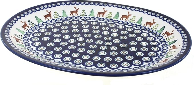 Blue Rose Polish Pottery Reindeer Pine Large Serving Platter