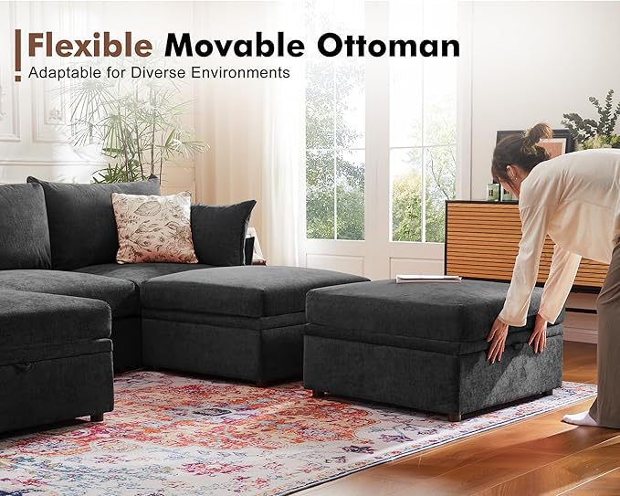 Luxury Modular Sectional Sofa, L-Shaped 3-Seat Couch with Storage Ottoman Deep Seat & Reversible Chaise Lounge Chenille Black for Compact Spaces, Apartments, Dorm