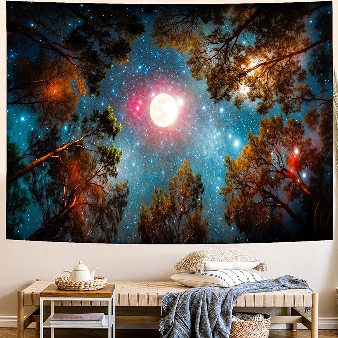 Delur Forest Tapestry Galaxy Moon Stars Night Space Starry Sky Wall Hanging Tapestry Aesthetic Tree Nature Landscape Psychedelic Headboard for Bedroom Living Room Home Decor (59.1" x 78.7")