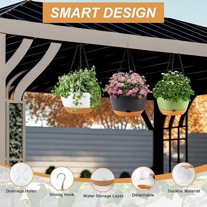 10 Inch Self Watering Hanging Pots, 3 Pack Hanging Planters