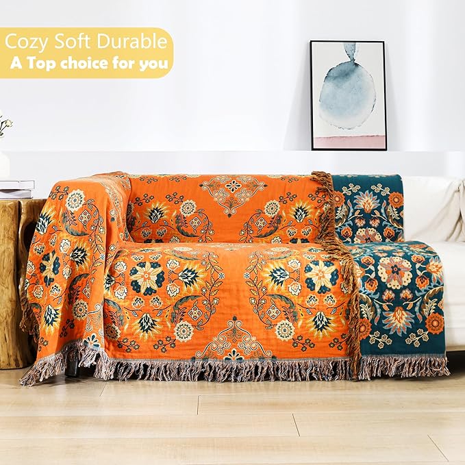 Boho Large Throw Blanket, 100% Organic Cotton Breathable Soft Bed Throw - Floral Farmhouse Decor Blanket for Sofa Couch Chair and Gift. 91" x 98"- Orange