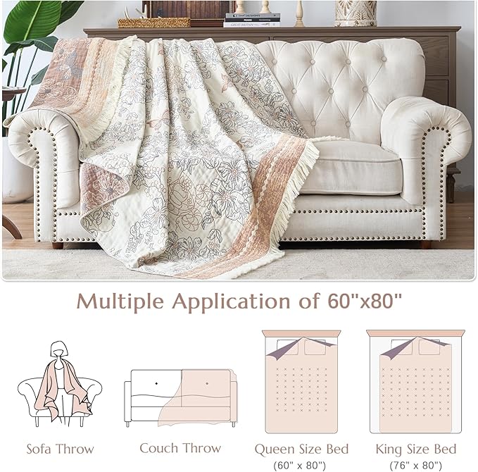 JINCHAN Boho Floral 100% Cotton Blanket 4-Layer Throw Blanket with Tassel Taupe and White Flower Butterfly Soft Luxury Rustic Farmhouse Decor Blanket for Couch Bed 60x80 inch All Season gift for women