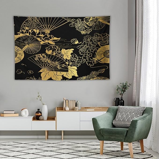 HZOHNAGO Japanese Tapestry Gold Flowers Umbrella Fan Pattern Printed Wall Tapestry Painting Wall Hanging for Bedroom Living Room Dorm 90" W x 60" H