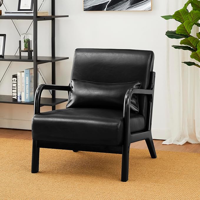 Glitzhome Accent Armchair with Walnut Ruberwood Frame, Black PU Leather Lounge Chair for Living Room