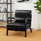 Glitzhome Accent Armchair with Walnut Ruberwood Frame, Black PU Leather Lounge Chair for Living Room
