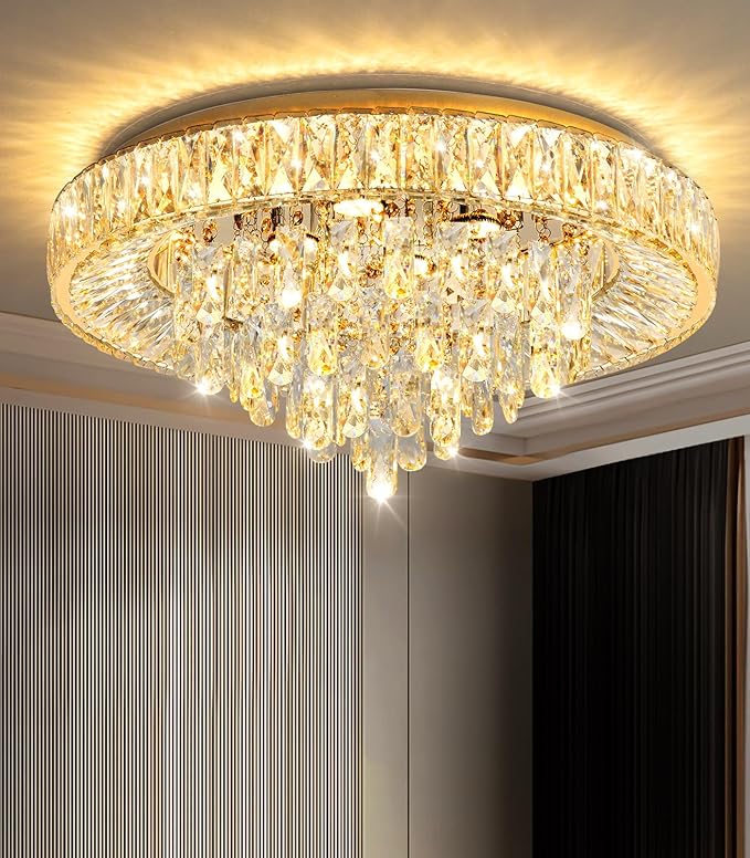 23.6'' Modern Crystal Chandeliers LED Dimmable Flush Mount Ceiling Chandeliers for Living Room Entrance Foyer Bedroom Gold