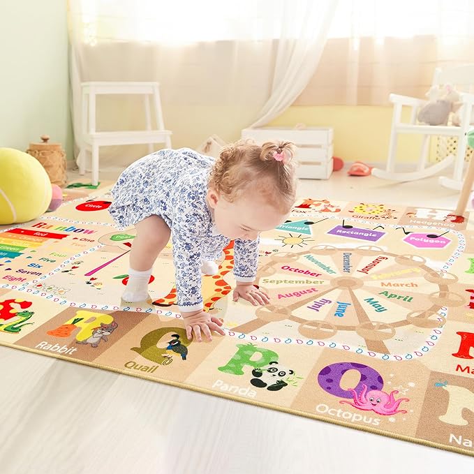 Kids Rugs for Playroom Washable, Educational and Fun Learning Rugs with ABC Alphabet Animals Shapes, Baby Toddler Children's Play Mat for Bedroom Classroom Nursery, 3x5 Feet, Beige and Pink