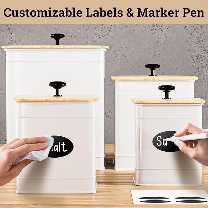 Kitchen Canisters for Countertop Set of 4 with Customizable Chalkboard Labels & Marker Pen - Big Iron Kitchen Canisters with Airtight Lids - Canisters Sets for the Kitchen - White Kitchen Canister Set
