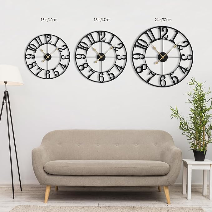LEIKE Large Wall Clock, 24" Silent Non-Ticking, Battery Operated, Oversized, Decorative Retro Black Metal Clock for Living Room,Farmhouse, Dinner Room,Indoor, Outdoor Decor(60cm, Black Arabic Number)
