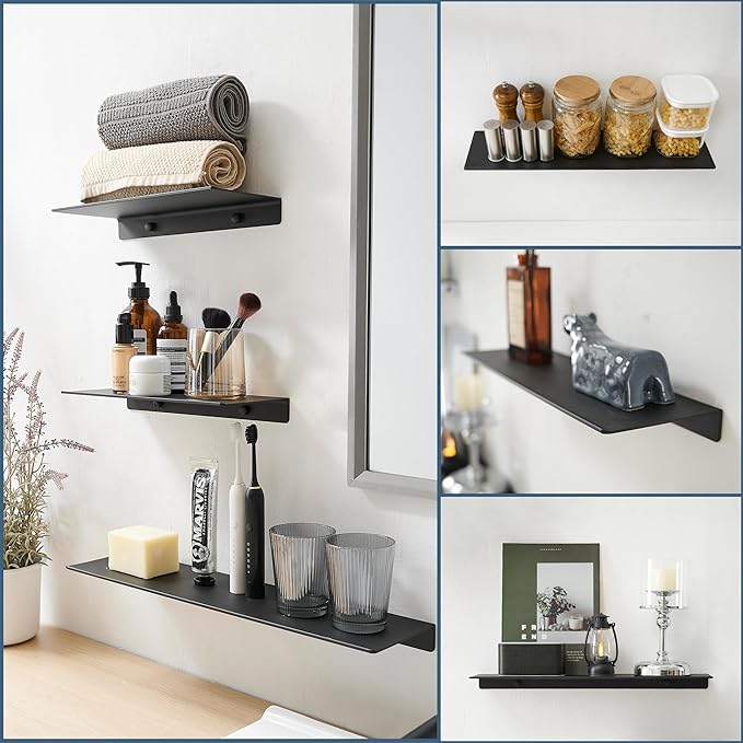 JOOM Small Metal Wall Floating Shelf - Metal Wall Shelf, Black Floating Shelf, Small Bathroom Shelf, Display Shelves for Living Room/Kitchen/Bedroom (Black, 8Inch)