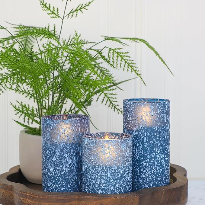 Flameless Candles with Remote - Battery Operated Candles with Timer, Flickering Real Wax LED Pillar Christmas Candles for Wedding, Table, Home Decorations (Blue, Set of 3)