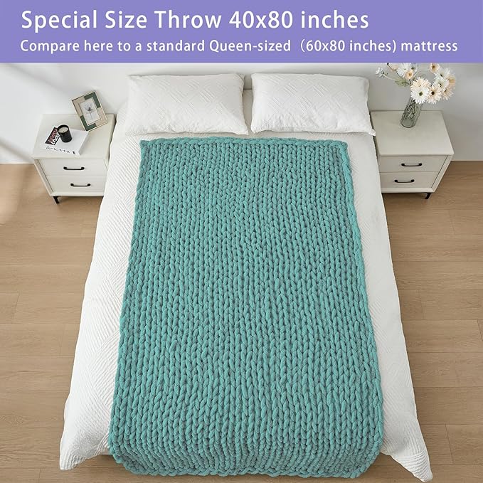 Bigacogo Chunky Knit Throw Blanket for Couch, 40x80 inches, 100% Hand Knitted with Thick Jumbo Chenille Yarn, Cozy Soft Large Rope Knot Cable Crochet Blankets for Sofa Bed Living Room, Light Teal
