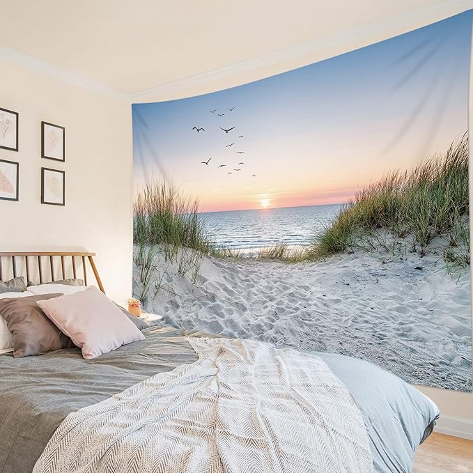 HVEST Ocean Beach Tapestry Wall Hanging, Sunset Seabird and Beach with Grass, Natural Landscape for Bedroom, Living Room, Dorm Decoration, 92.5x70.9 Inches