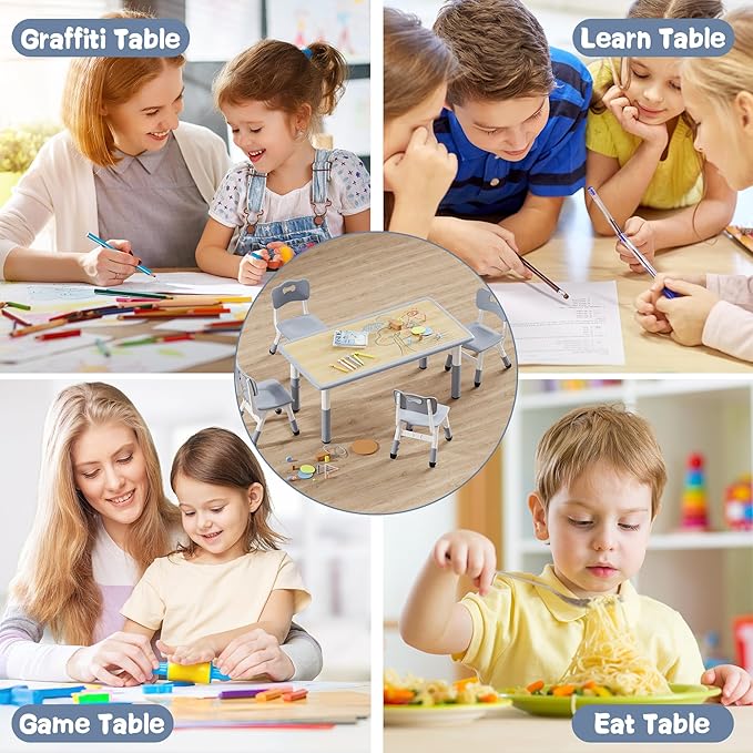 Brelley Kids Table and 4 Chairs Set, Height Adjustable Toddler Desk and Chair Set, Graffiti Desktop, Non-Slip Legs, Max 300lbs, Children Multi-Activity Table for Ages 2-8