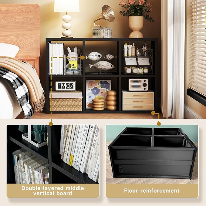 6 Cube Storage Organizer, Black Bookshelf with Storage, 2 Tier Storage Cubes, Freestanding Storage Organizer with Shelves for Living Room, Study
