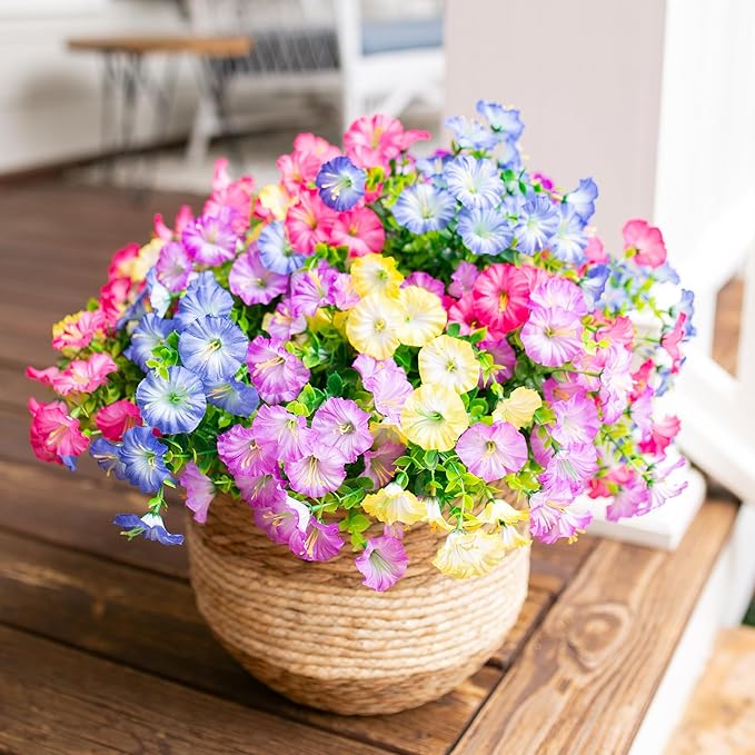 Artificial Flowers for Outdoors Fake Plants Outside Decoration, 12 Bundles Silk Colorful Morning Glory with Eucalyptus UV Resistant Realistic Faux Flowers for Planter Porch Patio Yard Indoor