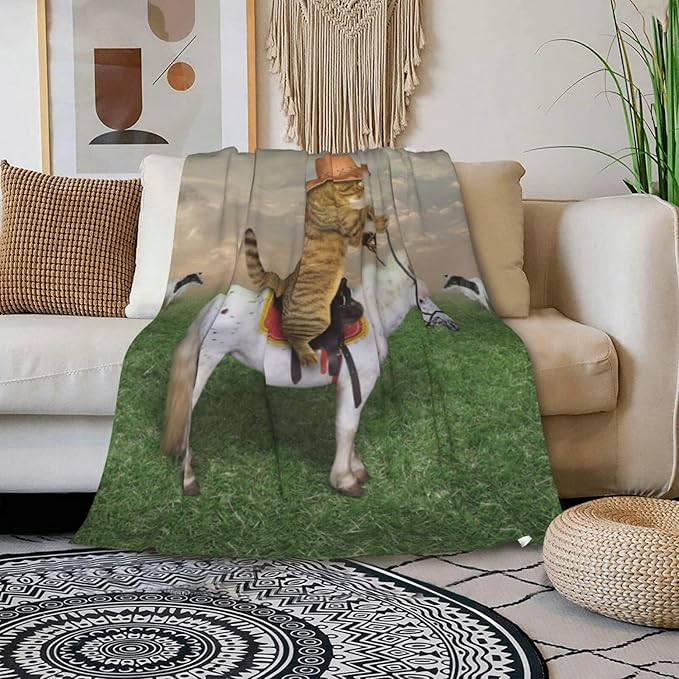 HGOD DESIGNS Funny Cat Throw Blanket Ultra Soft Warm All Season The Cat Cowboy on a Horse Decorative Fleece Blankets for Bed Chair Car Sofa Couch Bedroom 40"X50"
