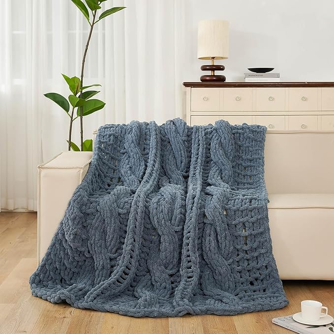 Esterra Chunky Knit Blanket Throw 50"x60", 100% Hand Knitted Chenille Throw Blanket, Cozy Soft Thick Cable Knit Throw Large Rope Knot Crochet Throw Blanket for Sofa Couch Bed, Blue Mirage