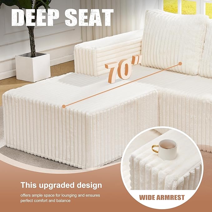 Hobestluk Modular Sectional Sofa Memory Foam Couch L Shape Sofa for Living Room Loveseat with Chaise Lounge Cloud Couch with Removable Cover (Stripe White, Loveseat with Chaise)