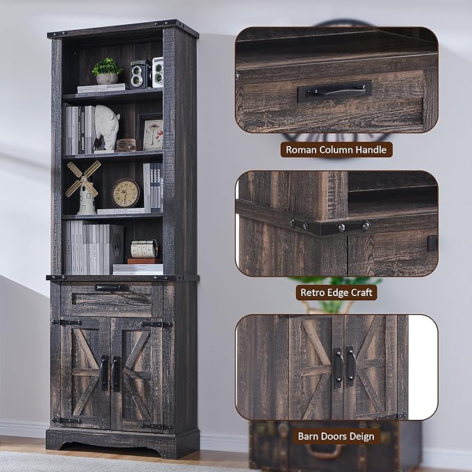 OKD 72'' Tall Bookshelf with Storage, Farmhouse 4 Tier Bookcase w/Barn Door, Adjustable Shelves and Drawers, Rustic Wooden Office Bookshelves for Home Bedroom, Living Room, Library (Dark Rustic Oak)