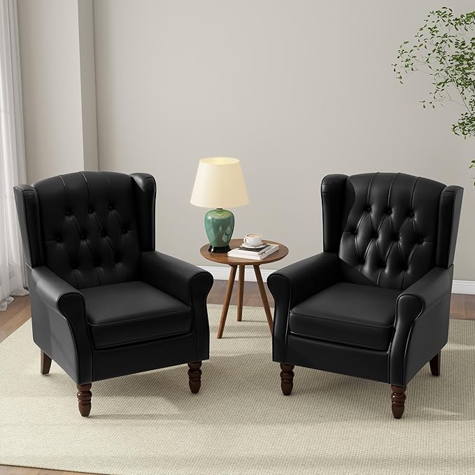 Accent Chair, Upholstered Armchair with Button Tufted High Back & Solid Wood Legs, Comfy Wingback Reading Single Sofa Chair for Small Spaces, Living Room, Bedroom (Leather Black, Set of 1)
